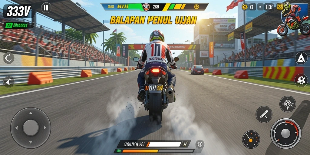 Screenshot gameplay 333V yang menampilkan balapan motor yang seru.