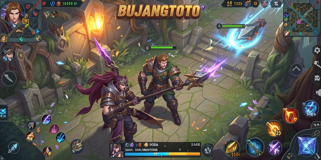 Screenshot utama BUJANGTOTO menampilkan pertarungan epik di arena MOBA.