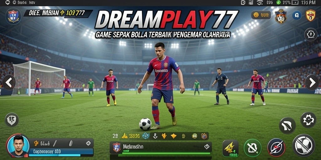 Screenshot utama DREAMPLAY77 menampilkan aksi pertandingan sepak bola yang mendebarkan.