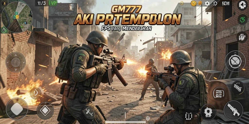 Screenshot dari gameplay intens GM777 dalam pertempuran FPS.
