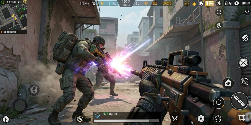 Tampilan gameplay menegangkan dari PRG007 dalam aksi FPS.