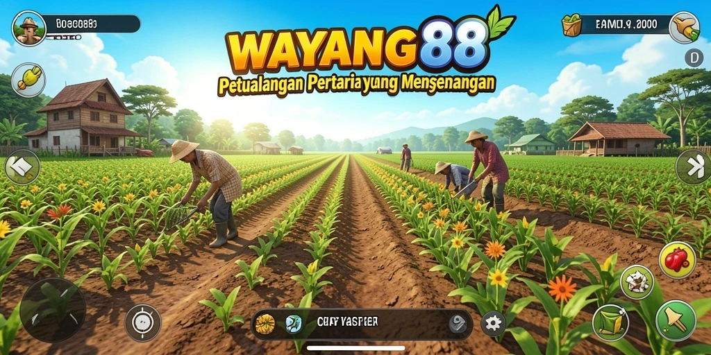 Screenshot permainan WAYANG88 dengan tampilan aktivitas pertanian.